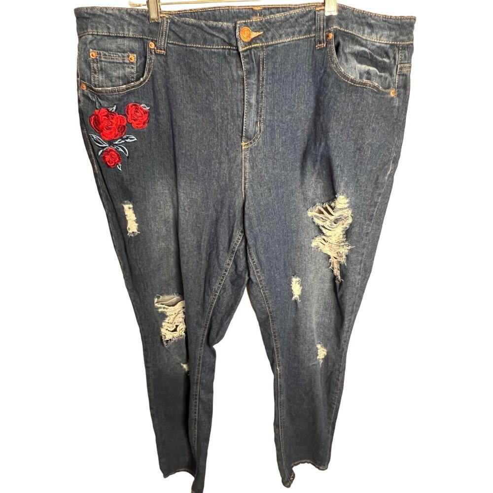 Almost famous midrise blue jeans size 20 embroidered distressed, straight leg
